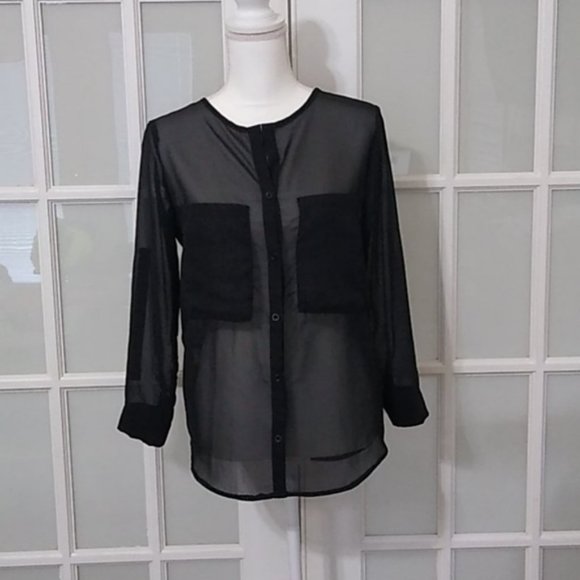 Zara Tops - Zara Sheer Black Collarless Blouse